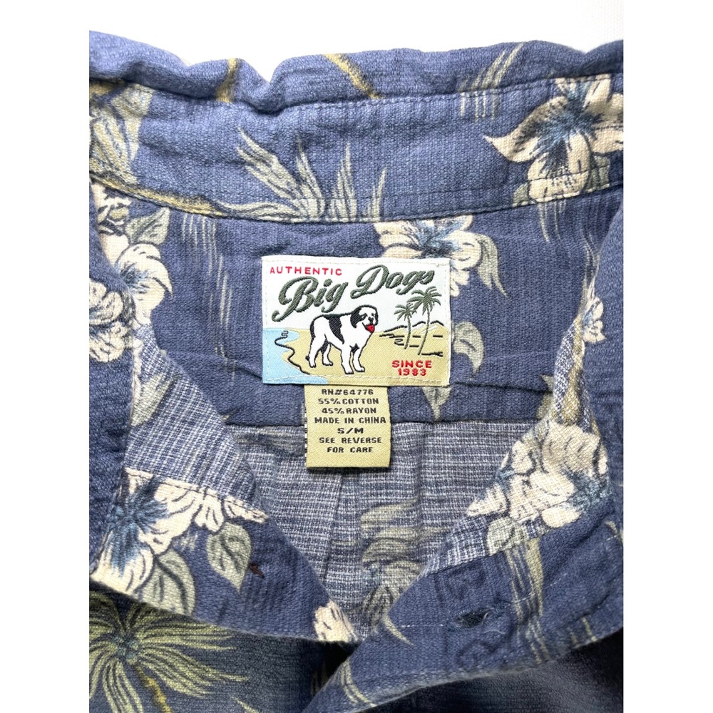 Vintage Big Dogs 90s Hawaiian Shirt Mens S/M Blue Cotton Rayon Aloha Palm Tree - Picture 4 of 7